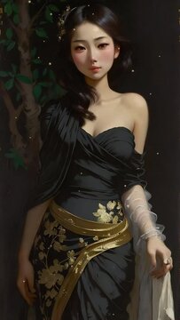 Asian Beauty in Gold and Black. Video animation of morphing Asian woman in the style of an oil painting.