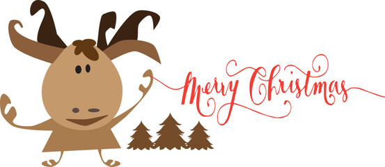 Merry Christmas greeting card with cute  deer. Holiday cartoon character in winter season.
