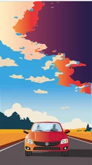 Fotobehang Road trip vacation by car on highway, concept cartoon illustration © Halyna