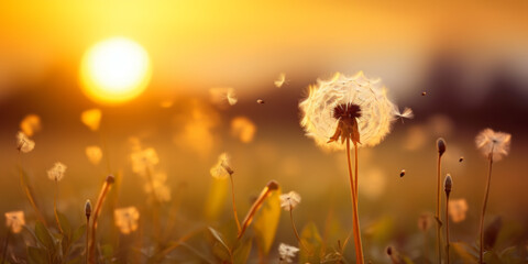 huge and big dandelion in the sun on a sunny day in the golden hour of the sunset