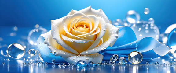 Preciosa flor rosa sobre fondo azul. Banner azul con flor en color amarillo anaranjado. Flor para boda. Hecho con IA.