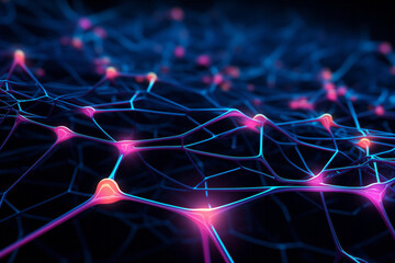 3D digital illustration of a neural network with interconnected nodes and pathways highlighted in blue and pink colours. Futuristic neon abstract background