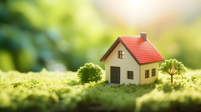 home and life concept. Small model home on green grass with sunlight abstract background. Generative AI.
