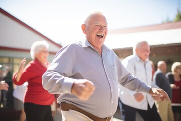 Fototapeta na wymiar Experience the lively spirit of seniors in a candid dance—vibrant, joyful, and full of vitality. This image celebrates companionship and an active lifestyle, defining the essence of retirement