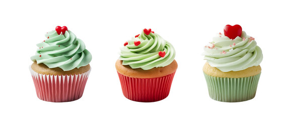 Mockup Template Design: Valentine’s Day Set of Green Cupcake Muffins with Heart on Top, Isolated on Transparent Background, PNG