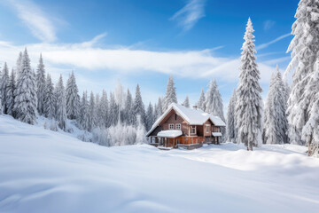 Winter mountain landscape with a house