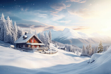 Winter mountain landscape with a house