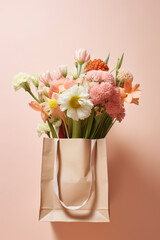 Shopping bag with flowers on pastel pink background