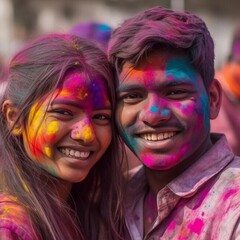 portrait of smiling young couple with colorful face and sunglass on Holi