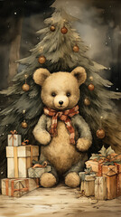 Teddy bear. Christmas New Year Drawing illustration of vintage greeting card watercolor, for the phone storis Stories REELS REELS RILS short shorts 9:16, [9:16]