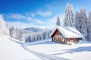 Fototapeta na wymiar Winter mountain landscape with a house