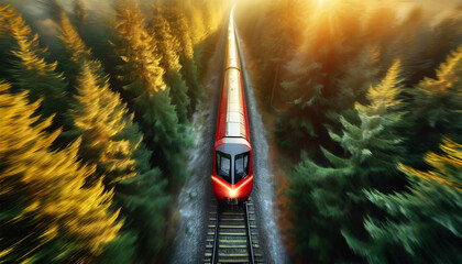 Aerial view of a high-speed red train runs through a green forest with pine and larch trees at...
