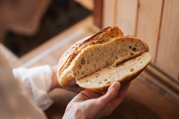 Ready baked bread in woman hands. Hostess cut and checking bread she baked by herself