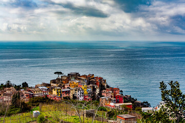 Panoramic view of the town of Corniglia one of the famous Cinque Terre Liguria Italy