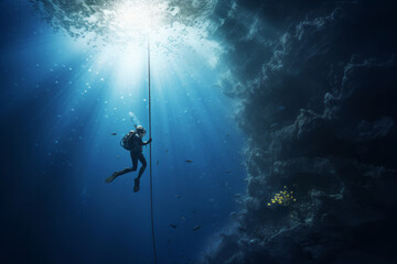 A diver descends along a rope into the deep blue sea, surrounded by rays of sunlight and small fish. Summer leisure concept