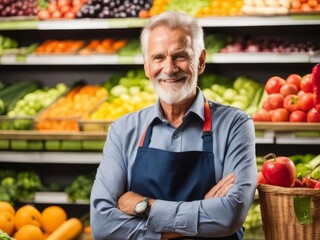 Portrait of happy male standing with arms crossed grocery store manager.