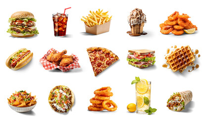 Fast food collection isolated on transparent background. Generative AI