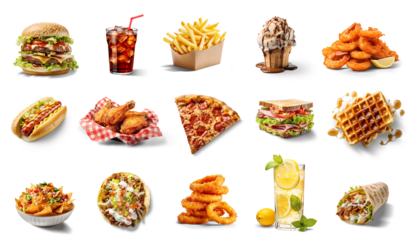 Fast food collection isolated on transparent background. Generative AI