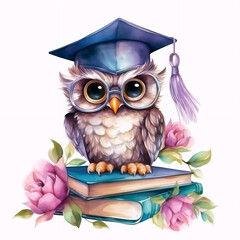 In a watercolor-inspired scene, an owl with a graduate cap sits on a pile of books, offering a delightful and scholarly touch, perfect for educational themes.