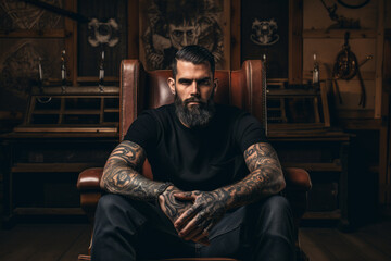Handsome bearded man with tattooed arm sitting in leather chair and looking at camera - obrazy, fototapety, plakaty