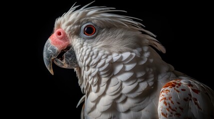 Portrait of a white cockatoo isolated on a black background. Pet. Pet Concept. Wilderness Concept. Wildlife Concept.