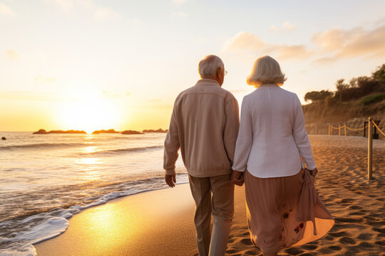 Senior couple standing on the beach and looking at the sea at sunset
