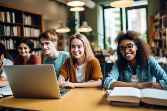 education, school, technology and people concept - group of smiling students with laptop computer and books in library