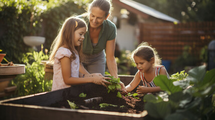 An idyllic family and children play in the garden