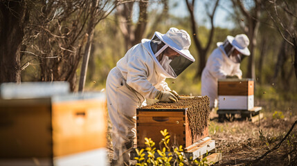 Beekeepers collect honey from boxes - obrazy, fototapety, plakaty