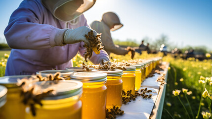 Beekeeping professionals working together in a field preparing honey