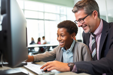 teacher helping his son to use a laptop in the office, focus on the boy