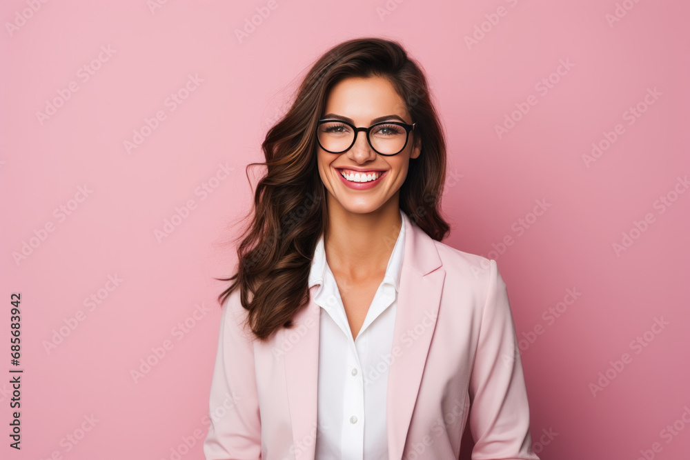 Poster Portrait of a smiling young business woman in glasses over pink background