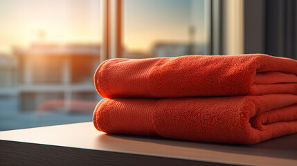 Fototapeta na wymiar red folded towels in a table
