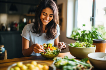 Smiling young woman preparing salad in the kitchen at home. Healthy food, vegetarian and dieting concept - obrazy, fototapety, plakaty