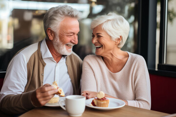 Cheerful senior couple sitting in a cafe and eating cakes.