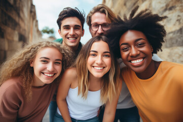 Obraz premium Portrait of a group of friends smiling and looking at camera.