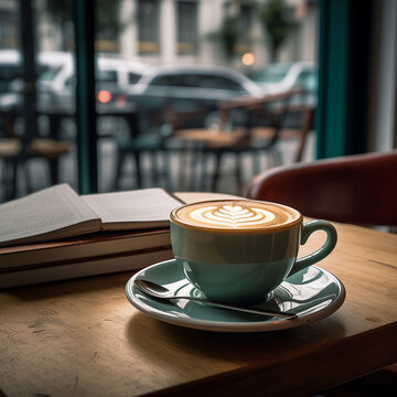 Turquoise coffee cup with latte art and books on wooden table, in cafe interior, window on background. Image for mood board, poster,  aesthetic backdrop banner with copy space