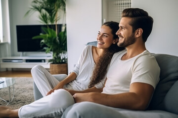 Cheerful young couple using laptop while sitting on sofa at home