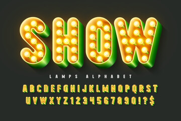 Retro cinema alphabet design, cabaret, warm lamps letters and numbers.