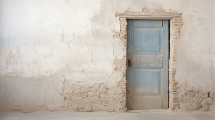 The dilapidated wall of the building and the wooden door require major repairs. Facade of a house with damaged plaster. Photophone for retro shooting. Illustration for cover, card, interior design.