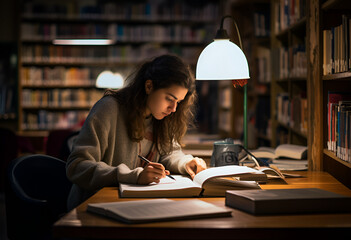 Student in library studying for exam.