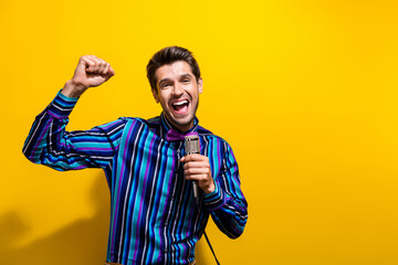 Photo of crazy overjoyed man with stubble dressed striped shirt scream yeah win lottery in...