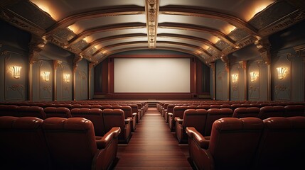 An empty cozy movie room with chairs, a screen and lights on the walls. Illustration for cover, card, postcard, interior design, banner, poster, brochure, advertising, marketing or presentation.
