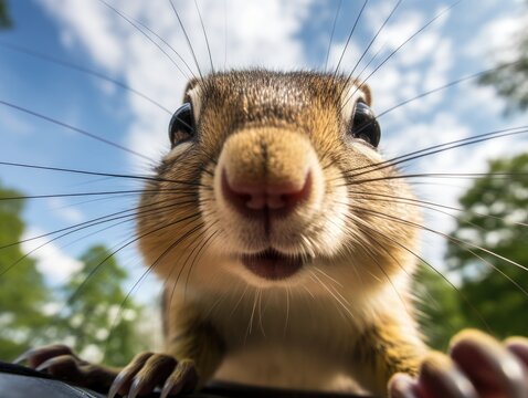 Close-up of a curious chipmunk in its natural habitat. Detailed image of the muzzle. A wild animal is looking at something. Illustration with distorted fisheye effect. Design for cover, card, etc.
