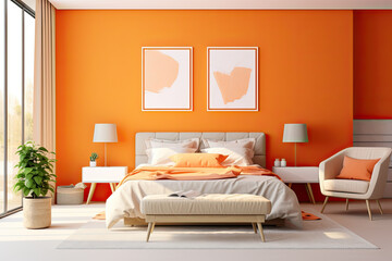 modern minimalist design of bedroom with an orange wall and a white bed.