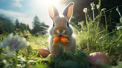 Tuinposter bunny rabbit eating carrots on grass © Rangga Bimantara