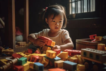 Happy asian child playing with toys, AI