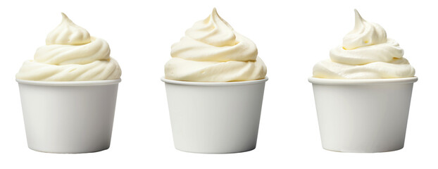 White paper cup bowls with cream or ice cream swirl, mockup, png