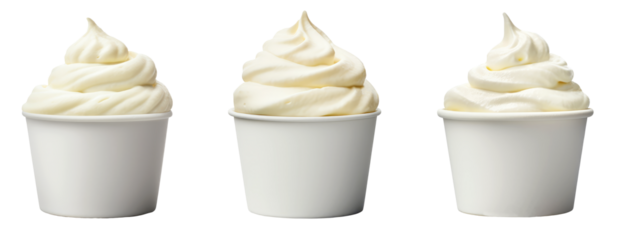 White paper cup bowls with cream or ice cream swirl, mockup, png