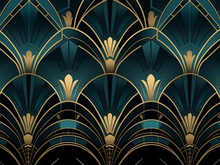 Art Deco Elegance: Geometric Fans and Arch Patterns in Gold and Teal